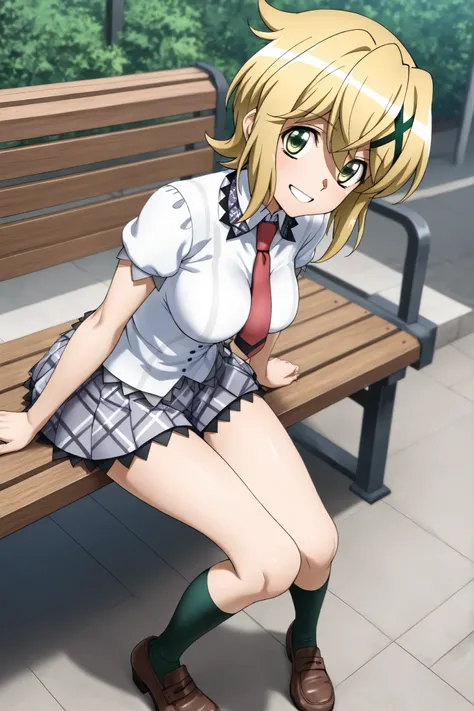 smile,solo,Station platform, outdoors 、symphogear,akatsuki kirika,Shining Contours、アウトドア立ちポーズ、可愛い、school_uniform, shirt, short_sleeves, pleated_skirt, red_necktie,スカートを持つ