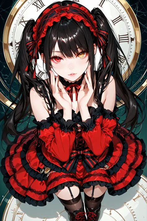1girl, solo, kurumi tokisaki, clock eyes, red eye, yellow eye, heterochromia, beautiful eyes, beautiful face, face sculpted with hyper-realistic details, black hair, twintails, hairband, red dress, striped bow, frills, detached sleeves, frilled choker, bla...