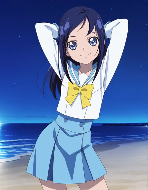 hishikawarikka, sailor collar, school uniform, blue sailor collar, yellow bow , anime screencap, high quality, solo, night sky, beach, hands behind head, ((contrapposto)), closed mouth, cowboy shot, looking at viewer, smile, best quality