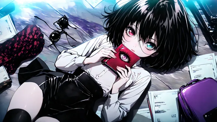  Misaki Mei \(another\) a beautiful young girl with black hair, heterochromatic student, holding a book, surrounded by scattered items. the image also shows a girl in the middle of the image, the girl appears to be in her late teens with a slim body. Japan...