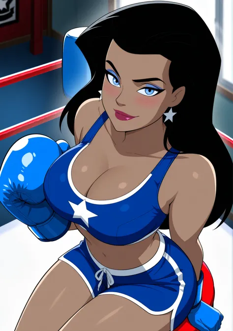 BREAK, score_6_up, score_7_up, score_8_up, score_9, anime coloring, dramatic lighting, intricate details, masterpiece, best quality, absurdres, depth, Wonder_Woman_XL, 1girl, solo, dark skin, dark-skinned female, lipstick, star earrings, superhero, makeup,...