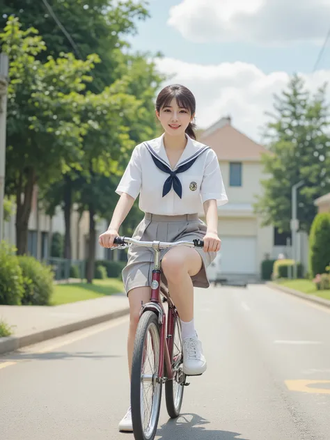 Little girl in uniform riding a bicycle,
