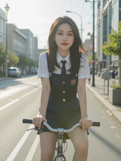 A young girl in a high quality uniform riding a bicycle,Kindness of expression,A Japanese girl with a lovely face,The cityscape spreads out in the background,bright atmosphere with sunlight shining in,Delicate Paintings Touch,Realistic and precise expressi...