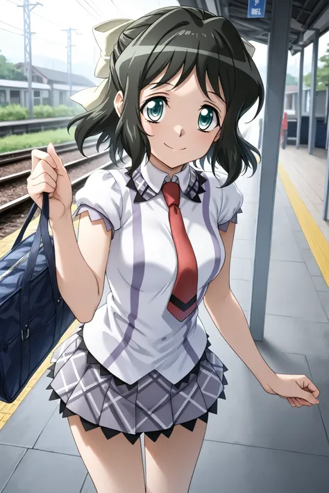 smile,solo,Station platform, outdoors 、symphogear,kohinata miku,Shining Contours、アウトドア立ちポーズ、可愛い、school_uniform, shirt, short_sleeves, pleated_skirt, red_necktie,スカートを持つ