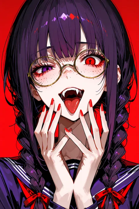 1girl, Literary Girl、twin braided hair、Round glasses、freckles、(completely asymmetrical odd-eye、golden holy right eye、evil red-black left eye)、open your mouth and show one fangs、tongue with your hand、Dark Purple School Uniform、Sailor suit 、red ribbon。evil expression。close-up。Full Frontal Portrait。evil red background、 don't show hands composition
