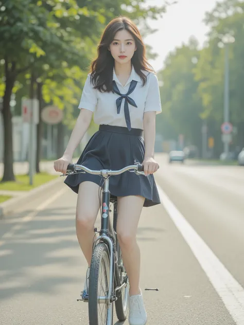 little girl riding a bicycle in uniform, pleated mini skirt, white sneakers, High Quality, Portrait, character art, delicate skin, bright expression, Sturdy bicycle pose, soft light, natural background, Nostalgic Atmosphere, Fine texture, 4k rendering, HDR...