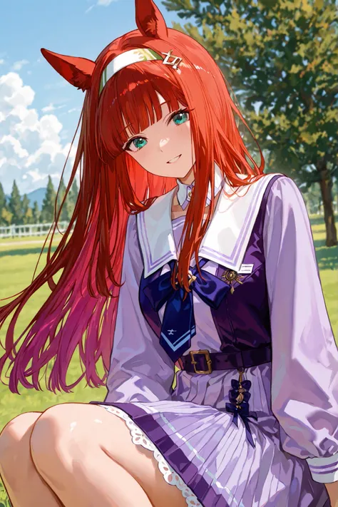 The image features a Suzuka character animated with, straight red hair adorned with a band. focusing exclusively on the character and their distinct design elements {x} The headband includes a decorative element that recalls green horse ears, with a small ...