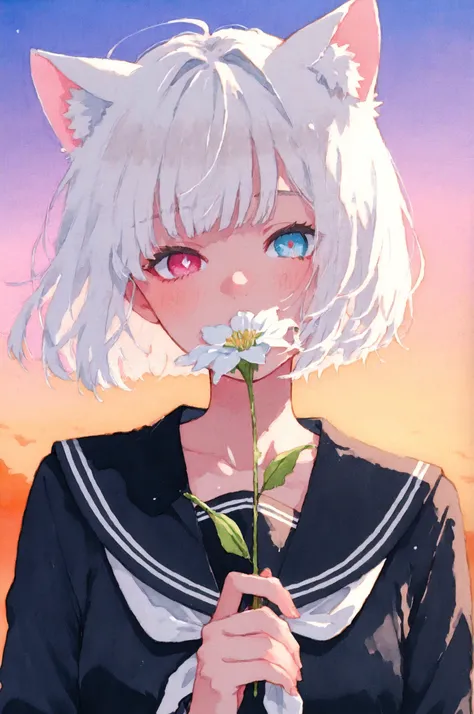 face shot,portrait,flat color,white cat girl,cat face,school uniform,seifuku,heterochromatic pupils,青い目と緑色の目、shy,holding a single flower,アップで、white hair,bobcut,Hair blowing in the wind,柔らかい毛並み,beautiful Sunset sky background,evening,繊細なひげ、ピンクの鼻、柔らかな表情、シャープ...