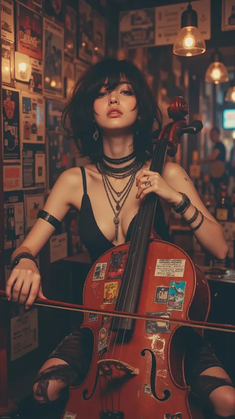 8K, Ultra High Definition, masterpiece, portrait photography, photorealistic textures, studio lighting, shallow depth of field, artistic finish.
A beautiful Japanese girl in a sexy punk rock style plays a cello covered with colorful rock band stickers. ...