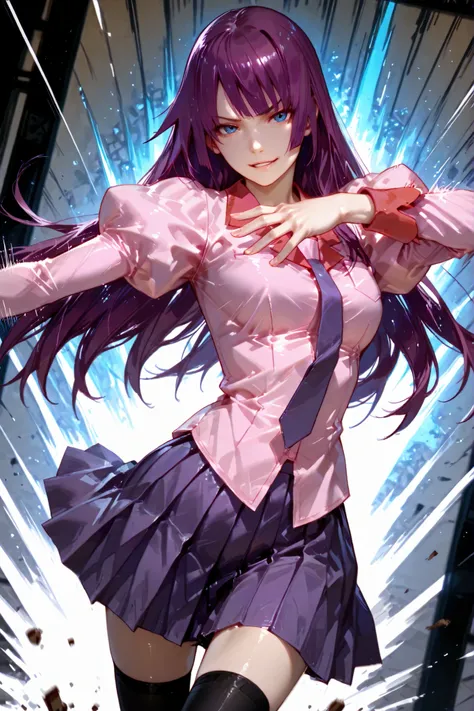1 girl, hitagi senjougahara, long hair, hime cut, purple hair, blue eyes, long sleeves, puffy sleeves, pink shirt, untucked shirt, breast pocket, purple tie, purple skirt, pleated skirt, black thighhighs, zettai ryouiki, loafers, good anatomy, standing, a...