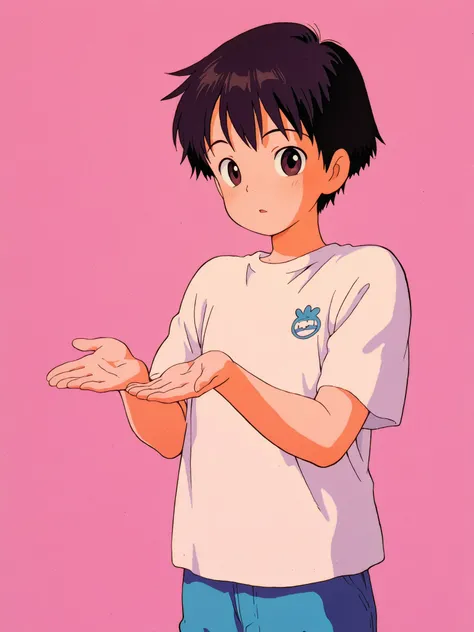 1boy, solo, (elementary school boy: 1.6), (very cute, 10 years old), shiny short black hair, dark brown eyes, (short, light, cool summer clothes), cute gestures, spring to the viewer, cowboy shot, perfect hands, perfect anatomy, simple solid color backgrou...