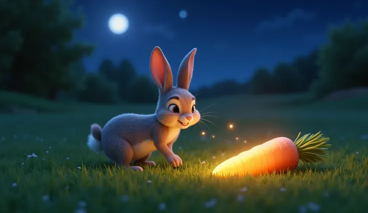 Pixar-style 3D scene: Remy the Rabbit hopping in the meadow at night, finding a glowing golden carrot on the grass.  
Soft moonlight, sparkles around the carrot. Magical Pixar vibe.

