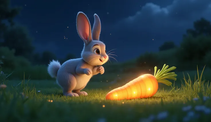 Pixar-style 3D scene: Remy the Rabbit hopping in the meadow at night, finding a glowing golden carrot on the grass.  
Soft moonlight, sparkles around the carrot. Magical Pixar vibe.
