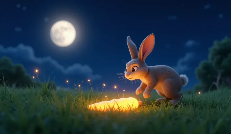 Pixar-style 3D scene: Remy the Rabbit hopping in the meadow at night, finding a glowing golden carrot on the grass.  
Soft moonlight, sparkles around the carrot. Magical Pixar vibe.
