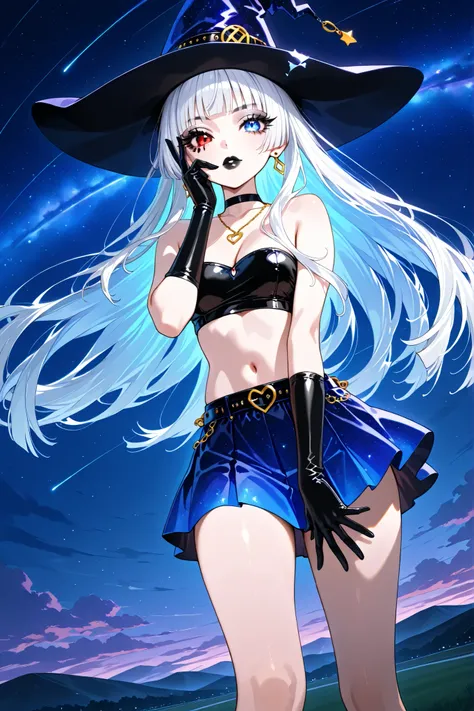  ,score_9, score_8_up, score_7_up, score_6_up, 
1girl, teen girl, highschool girl, sexy witch outfit, pretty black tube top with violet accents and heart connector in the middle, blue pleaded short skirt, necklace, white hair, hime-cut hair, straight hair,...