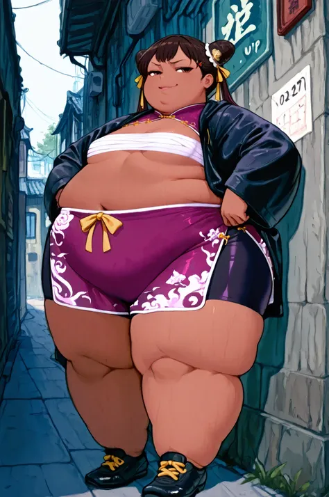 masterpiece, best quality,1girl, solo, lilo, multicolored hair, twin tails, brown eyes, lips, dark skin, Asian, shirt, long sleeves, hair ornament, ribbon, hair ribbon, open clothes, shorts, open jacket, black jacket, black shorts, Chinese clothes, short d...