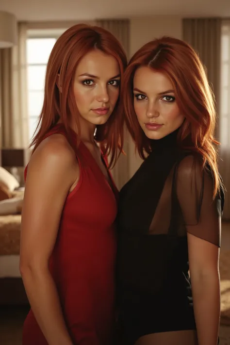A photorealistic portrait of two young women in a stylish, modernen Raum. The first woman has long, straight red hair and wear a red tank top. She has fair skin, brown eyes and a soft smile, directed directly at the viewer. The second woman wears an elegan...