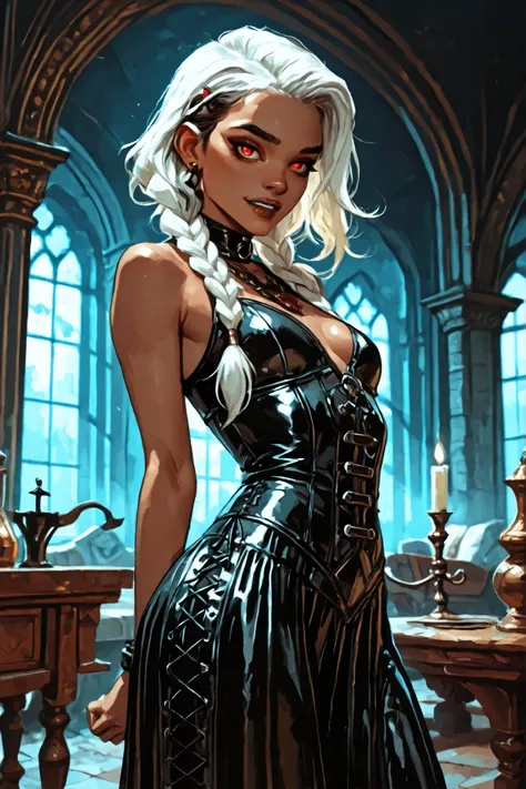 Drawn like the artist Bob Kehl. Phaedra from Fortnite with white and dark hair, deep red-coloured eyes, slanted big eyes, with sharp teeth, athletic body and abs. Slender and athletic. Cute, round and young face. White highlights in her hair. She wears Azt...