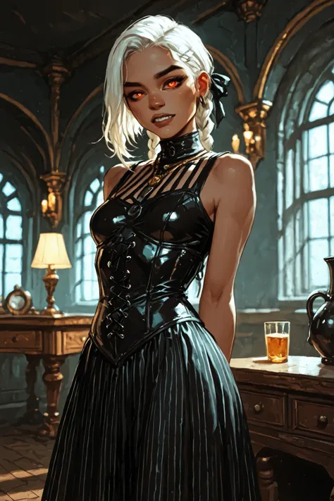 Drawn like the artist Bob Kehl. Phaedra from Fortnite with white and dark hair, deep red-coloured eyes, slanted big eyes, with sharp teeth, athletic body and abs. Slender and athletic. Cute, round and young face. White highlights in her hair. She wears Azt...