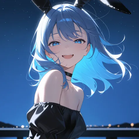 score_9, score_8_up, score_7_up, masterpiece, best quality, detailed face, 1 girl, solo, beautiful, flat chest, slender body, mature, light makeup, adorable, open mouth, mischievous smile, grinning,
Blue hair,blue eyes, medium length hair, bunny ears, blac...