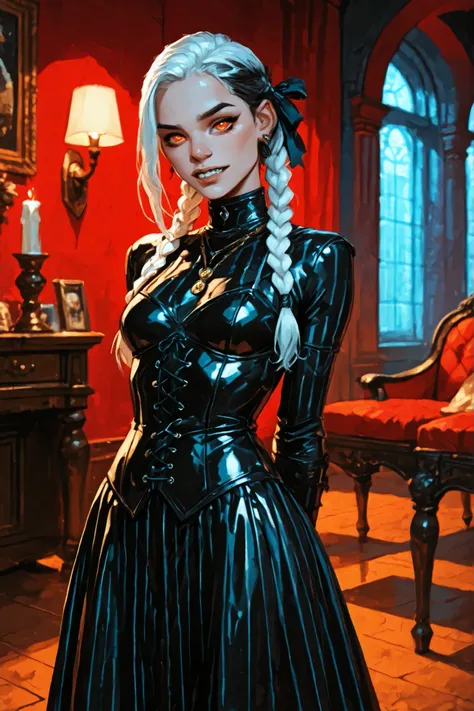 Drawn like the artist Bob Kehl. Phaedra from Fortnite with white and dark hair, deep red-coloured eyes, slanted big eyes, with sharp teeth, athletic body and abs. Slender and athletic. Cute, round and young face. White highlights in her hair. She wears Azt...