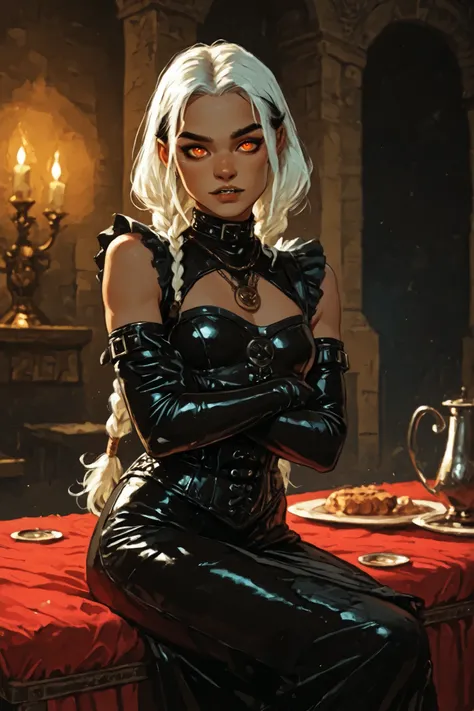 Drawn like the artist Bob Kehl. Phaedra from Fortnite with white and dark hair, deep red-coloured eyes, slanted big eyes, with sharp teeth, athletic body and abs. Slender and athletic. Cute, round and young face. White highlights in her hair. She wears Azt...