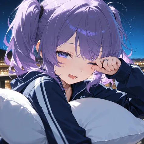 score_9, score_8_up, score_7_up, masterpiece, best quality, detailed face, 1 girl, solo, beautiful, flat chest, slender body, mature, light makeup, adorable, open mouth, sleepy eyes, hand rubbing eye,
Purple hair,pruple eyes, messy hair, short hair, high t...