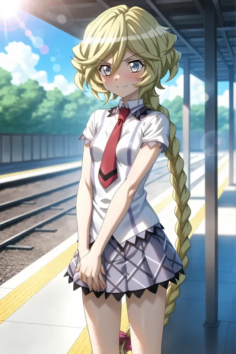 Station platform, outdoors、solo,symphogear, Carol Malus Dienheim、one long braid、Juvenile body、small breasts、,((lens flare))、A slightly embarrassed smile、Standing pose 、five fingers、、school_uniform, shirt, short_sleeves, pleated_skirt, red_necktie,
