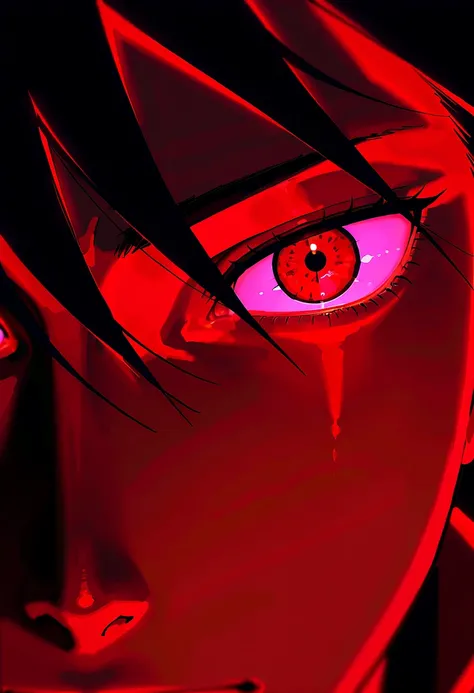 1 male, Itachi Uchiha (Naruto), black hair in military uniform, filter, masterpiece, Face focus, Red light from the eyes, dark background, Ninja costume