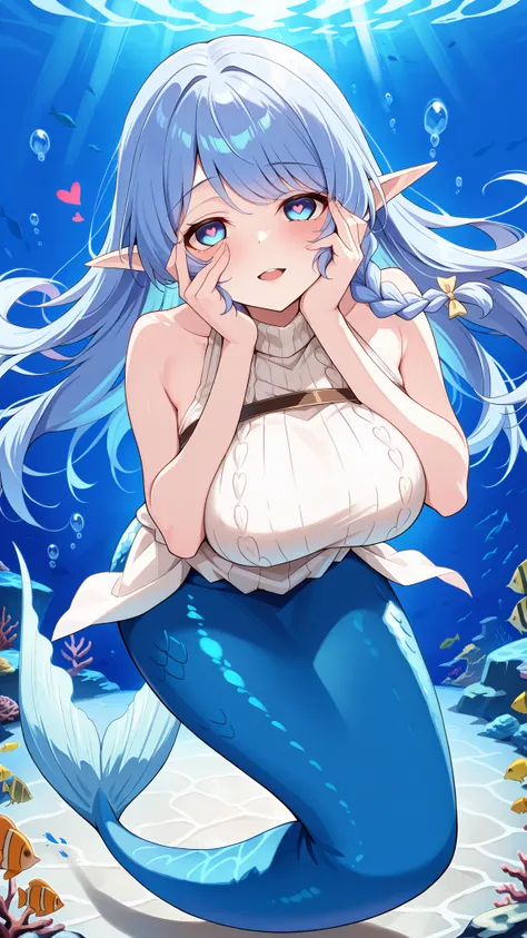 (Fraction_9:0.9),Fraction_8_Up,Fraction_7_Up,Grade-level,(zPDXL3),(Best Quality),(masterpiece), a girl,cute,Water Enchantress of the temple,Long blue hair, blue eyes,white sleeveless sweater,Paw pose,elf ear,alone,big breast,Mermaid,The lower part of the b...
