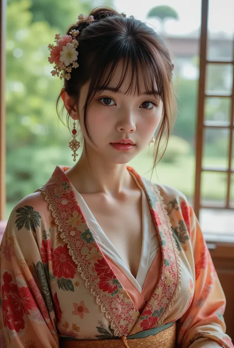 cute On, On,surreal,high resolution,Highest Quality,8k,exquisite detail,(14 years old),big boobs、Big Breasts(Japanese luxury kimono openwork kimono in various colors),stares at the audience,depth of coverage,Full_body_shot,from_Superior,、High-class Japanes...