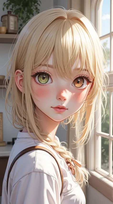 Anime girl with different eyes and blonde hair is standing by the window