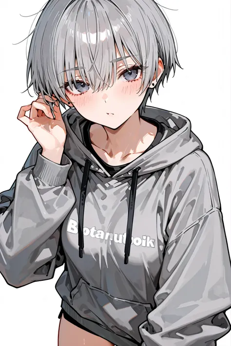 Tomboy。boyish。gray hair semi-long。 gray sweatshirt。