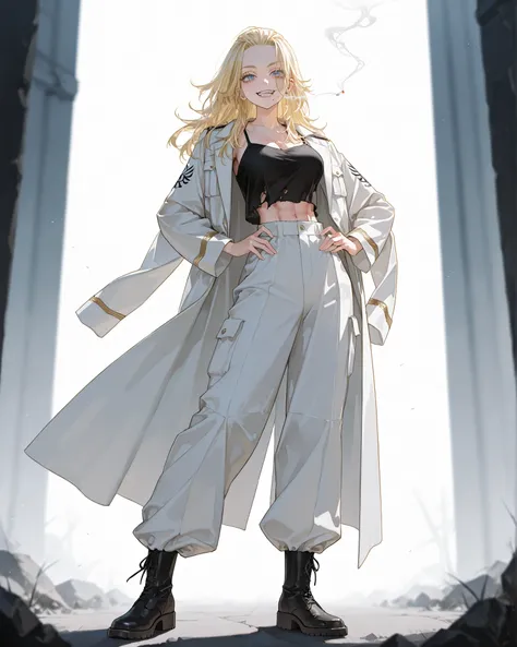 Full body, standing pose, full body, beautiful, only daughter, solo, cute girl, cool, handsome, pretty, cute round face, blonde hair, long hair down to the waist, loose straight hair, side part, exposed forehead, one strand of hair tucked behind ear, blue ...