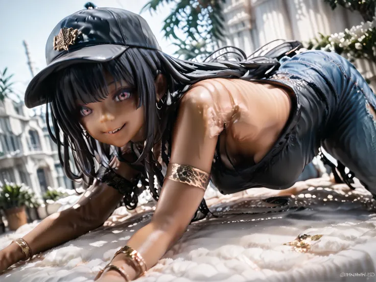 3D, PVC, hzk, ((random pose)), (masterpiece , detailed:1 . 2) , highest quality , Ultra High Quality , k , Beautiful and delicate girl, solo,
parfect eyes, focus face , blown eyes, beautiful eye, (smile), hime cut, black base ball cap,
(dark skin:1.3), bla...