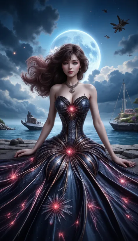 A cute girls white-skinned, blue-eyed, thin lips, Gigantic fake boobs veins, asian girls in a dress standing in front of a car, UHD, luxurious mechanism dress, ornate dress, shiny dress, sparkling dress, glossy motif dresses, elaborate fantasy dress with g...