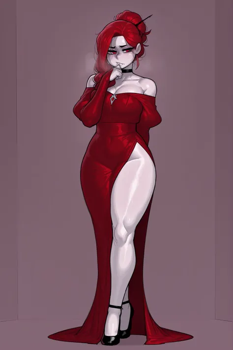 Krekkov style, vampire, classy, bright red dress, pale skin, loose red hair, long-split dress