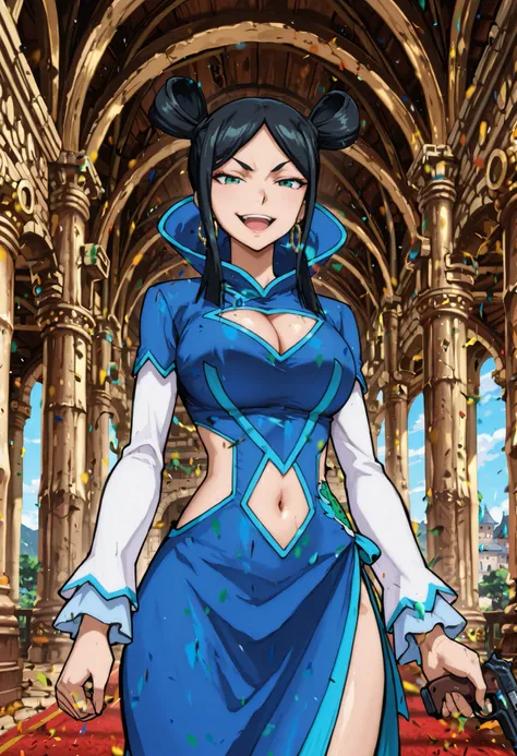 m1n1eb,1girl,solo,black hair,double bun,sidelocks,hoop earrings,green eyes,cleavage cutout,clothing cutout,cleavage,large breasts,blue china dress,white sleeves,p
looking_at_viewer,available light,smile,moody lighting,day,castle,cowboy_shot,,caramelldansen...