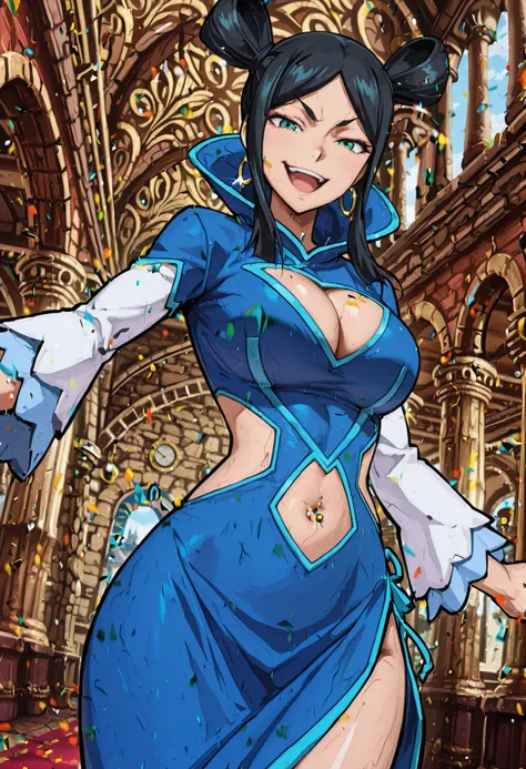 m1n1eb,1girl,solo,black hair,double bun,sidelocks,hoop earrings,green eyes,cleavage cutout,clothing cutout,cleavage,large breasts,blue china dress,white sleeves,p
looking_at_viewer,available light,smile,moody lighting,day,castle,cowboy_shot,,caramelldansen...