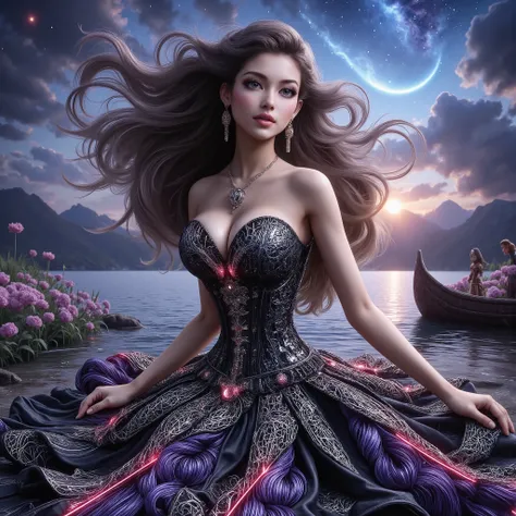 A cute girls white-skinned, blue-eyed, thin lips, Gigantic fake boobs veins, asian girls in a dress standing in front of a car, UHD, luxurious mechanism dress, ornate dress, shiny dress, sparkling dress, glossy motif dresses, elaborate fantasy dress with g...