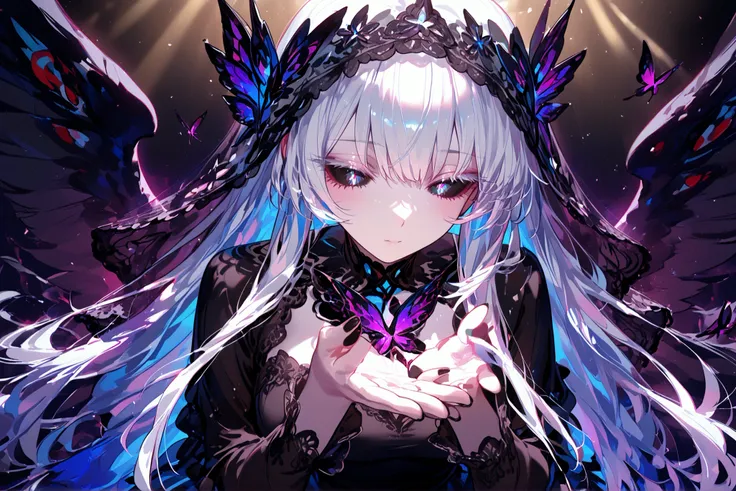 super detail, masterpiece, best quality, high resolution, 8k, ultra high anatomy, only 1 girl, long ultramarine hair, black lace veil, ultramarine eyes, black sclera, black diamond shaped pupil, Pale skin with matching pale Cherry Pink eyelashes, Her eyes ...