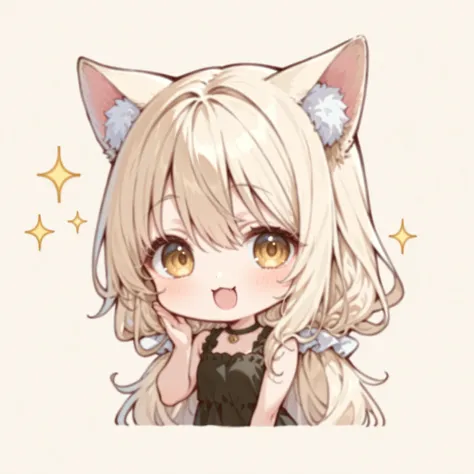 masterpiece, Highest Quality, great quality, middle hair,white blonde hair ,chibi,golden eyes,  デフォルメ, Cat ears、detail、high resolution、1 person、Without hands、solo、1 personの全身、black simple dress、tied 2 under the face、white scrunchies、Look down and look down...