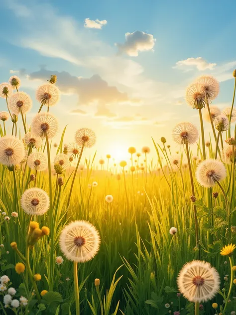 dreamy field of tall dandelions glowing in the sunset, with warm golden light shining through the fluffy seeds, vibrant green grass, tiny wildflowers, and a deep blue sky with soft clouds, center is plain