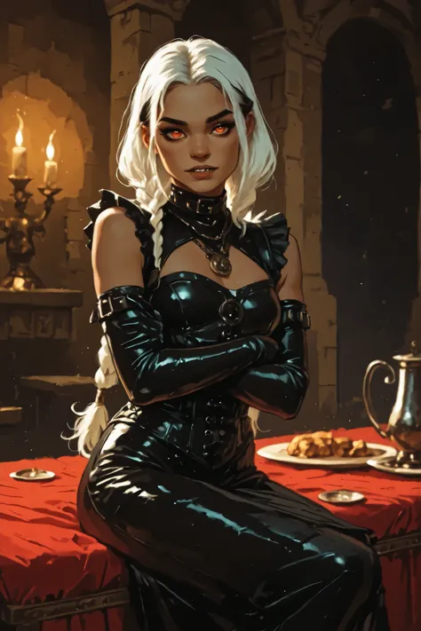 Drawn like the artist Bob Kehl. Phaedra from Fortnite with white and dark hair, deep red-coloured eyes, slanted big eyes, with sharp teeth, athletic body and abs. Slender and athletic. Cute, round and young face. White highlights in her hair. She wears Azt...