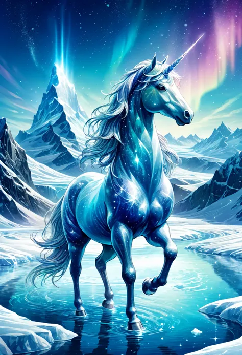 fantasy illustration of snow:1.2,amazing Nordic world,mysterious,pop and fantasy,detailed depiction of a lonely unicorn standing on a transparent glacier,sparkling glacier, Frozen Earth ,vitality,dreamy beautiful world,beautiful sparkling aurora,auroras,en...