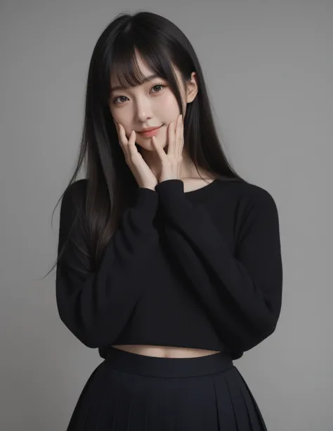 1girl, small breasts, 
long hair, black hair, center-flap bangs, 
black sweater, sleeves past fingers, pleated skirt, 
simple background, hand on own face, light smile, portrait,,