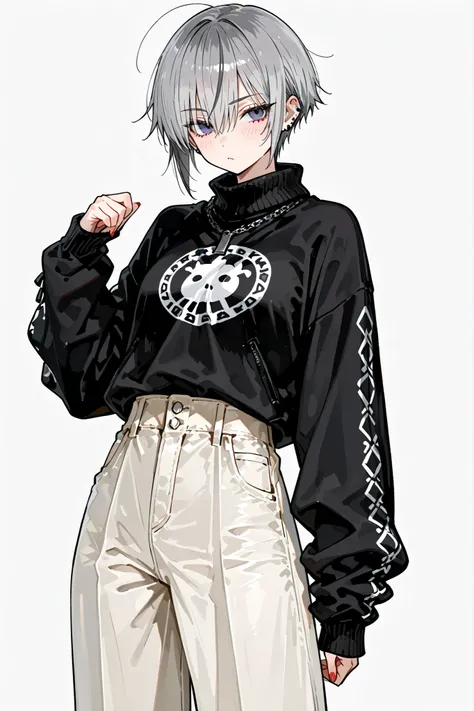 Tomboy。boyish。gray hair semi-long。black knit with long pants。is cool。high tension。Flirtatious