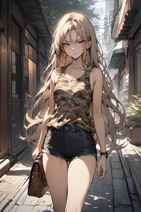 ((masterpiece,Highest Quality:1.2)),(soro),slender,A middle school girl stares at me while walking in the city,cowboy shot,beautiful skin,(Thin thighs),(healthy tanned skin,) light brown very long hair,Perfect brown eyes , tree eyes ,Serious Expressionless...