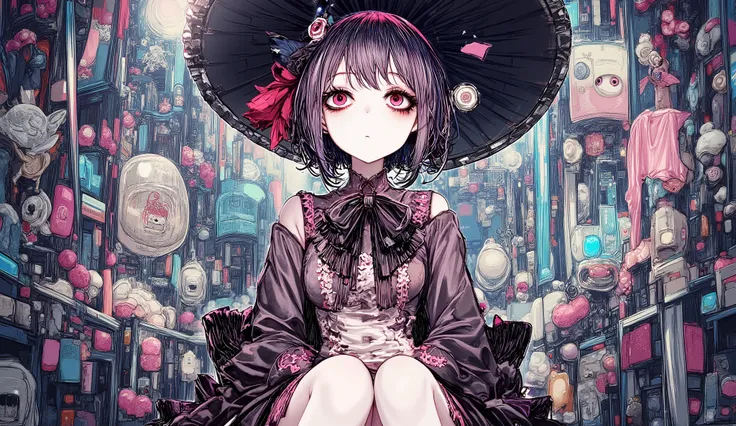 A dark yet cute anime girl, upper body portrait, wearing a black and crimson gothic lolita dress with lace and ribbons, sitting at a haunted tea table, soft candlelight, glowing red eyes, intricate details, ultra high resolution, masterpiece.