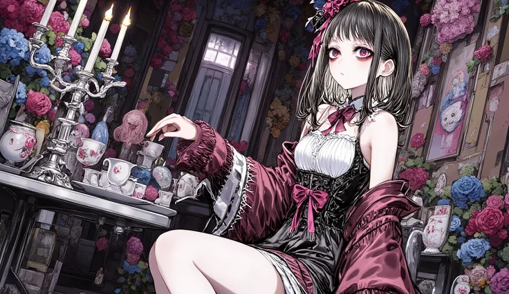 A dark yet cute anime girl, upper body portrait, wearing a black and crimson gothic lolita dress with lace and ribbons, sitting at a haunted tea table, soft candlelight, glowing red eyes, intricate details, ultra high resolution, masterpiece.